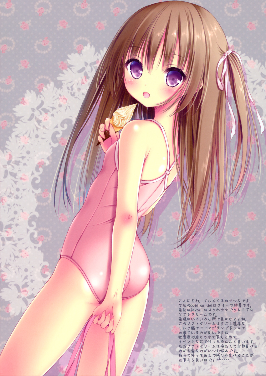 :d absurdres ass blush brown_hair casual_one-piece_swimsuit dutch_angle eyes_visible_through_hair food hair_ribbon highres holding holding_food holding_ribbon huge_filesize ice_cream long_hair looking_at_viewer one-piece_swimsuit one_side_up open_mouth original pink_ribbon pink_swimsuit purple_eyes ribbon shiny shiny_skin smile solo standing swimsuit tinker_bell white_ribbon