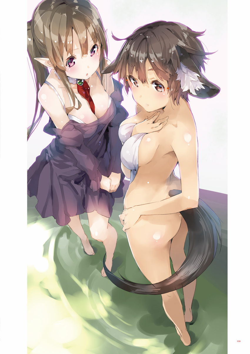 animal_ears ass barefoot between_breasts bow bowtie breasts brown_eyes brown_hair covering dress elbia_hernaiman elf foreshortening hand_between_breasts hand_on_own_chest highres jewelry legs long_hair multiple_girls myucel_foalan nude_cover off-shoulder_dress off_shoulder outbreak_company pointy_ears purple_eyes short_hair sidelocks standing tail towel twintails yuugen