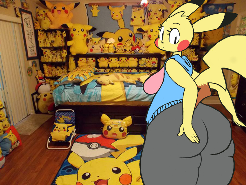 big_(disambiguation) blush butt cute game_(disambiguation) inside nintendo pikachu pok&eacute;mon self_obsessed slightly slightly_chubby video_games