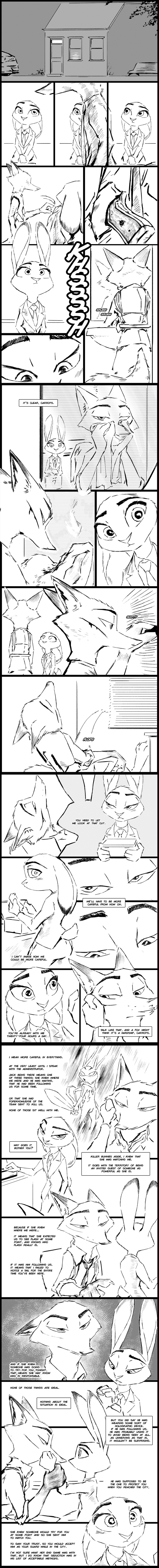 2017 anthro blood blush canine clothed clothing comic dialogue dipstick_ears disney duo_focus english_text female fox greyscale group gun handgun holding_object holding_weapon holster jack_savage judy_hopps lagomorph male mammal melee_weapon monochrome necktie nick_wilde pistol rabbit ranged_weapon scarf scratch suit sword text thewyvernsweaver weapon zootopia
