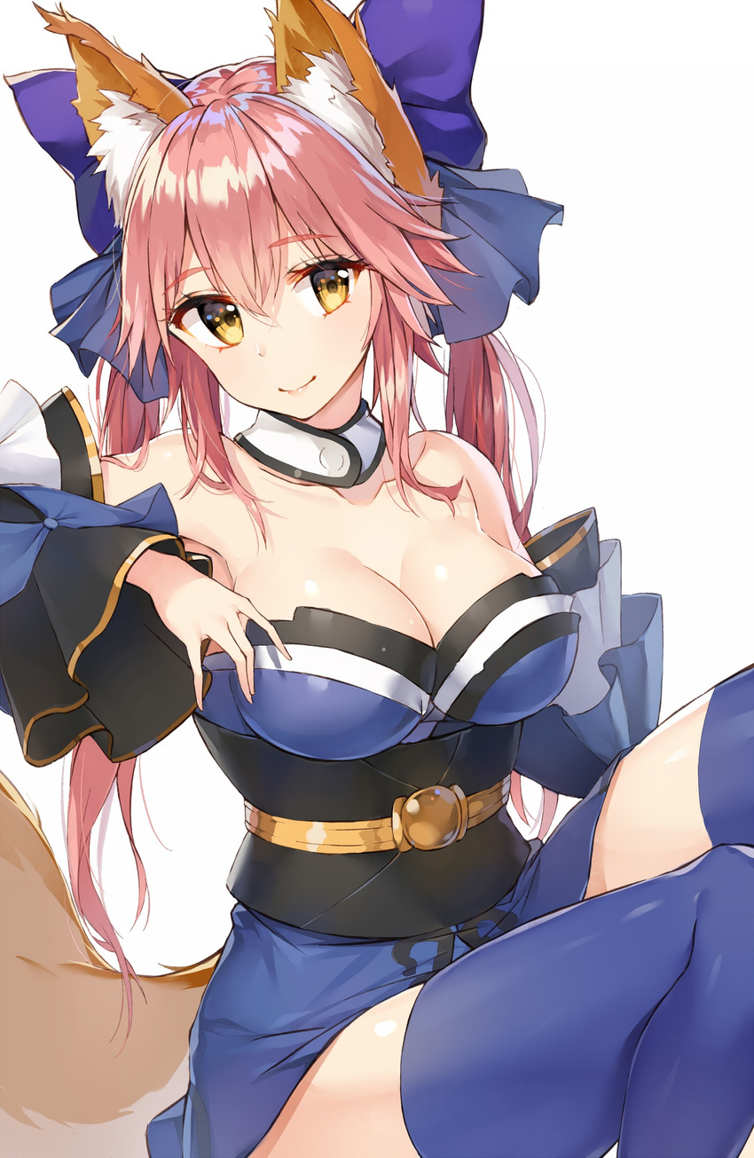 animal_ears caster_(fate/extra) cleavage fate/extra fate/stay_night japanese_clothes rurikoma tail thighhighs