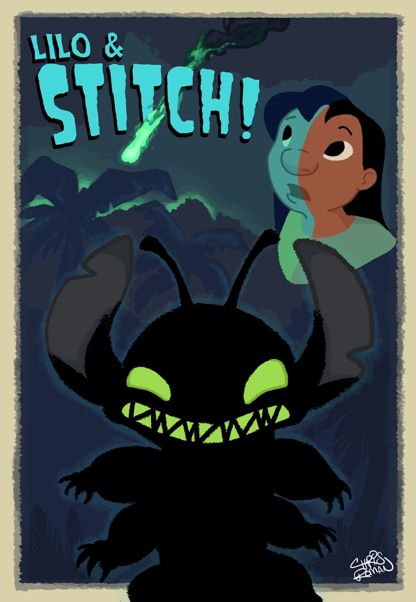 4_arms 4_fingers alien antennae black_hair border chris_roman claws disney duo experiment_(species) glowing glowing_eyes green_eyes hair human lilo_and_stitch lilo_pelekai looking_at_viewer mammal meteor multi_arm multi_limb night notched_ear palm_tree poster signature silhouette stitch tree