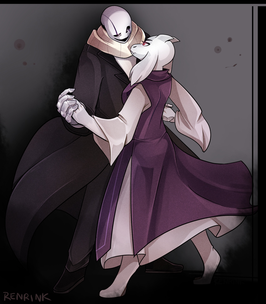 animated_skeleton anthro bone boss_monster caprine duo eye_contact female gaster goat hand_holding hi_res male male/female mammal red_eyes renrink simple_background skeleton toriel undead undertale video_games