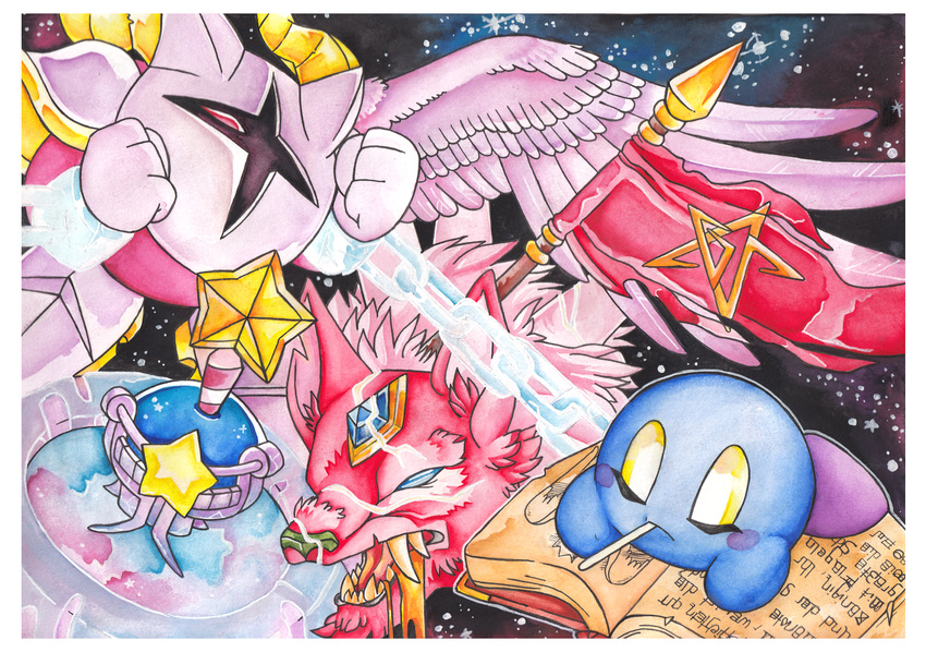 armor blue_eyes book canine drooling feathered_wings feathers flag fur galacta_knight kirby_(series) mammal mask meta_knight nintendo object_in_mouth pauldron reading red_eyes red_fur rosy_cheeks saliva star star_rod starscape theakanemnon video_games wings wolf wolfwrath yellow_eyes