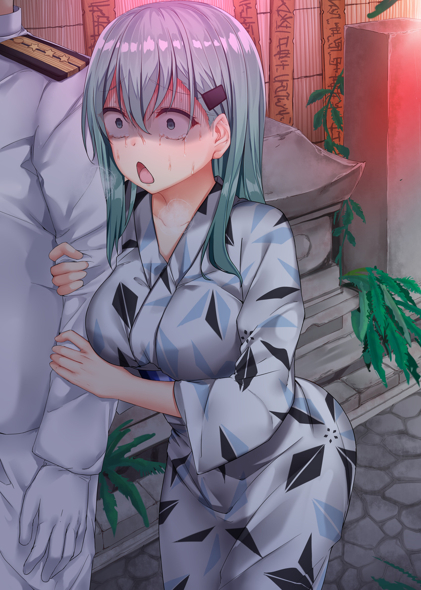 1girl absurdres admiral_(kantai_collection) arm_grab breasts commentary constricted_pupils crying crying_with_eyes_open epaulettes gloves green_eyes green_hair hair_between_eyes hair_ornament hairclip heavy_breathing hetero highres jaku_denpa japanese_clothes kantai_collection kimono large_breasts leaning_forward long_hair long_sleeves md5_mismatch military military_uniform naval_uniform night outdoors revision scared solo_focus sotoba star suzuya_(kantai_collection) sweat tears tombstone turn_pale uniform white_gloves yukata