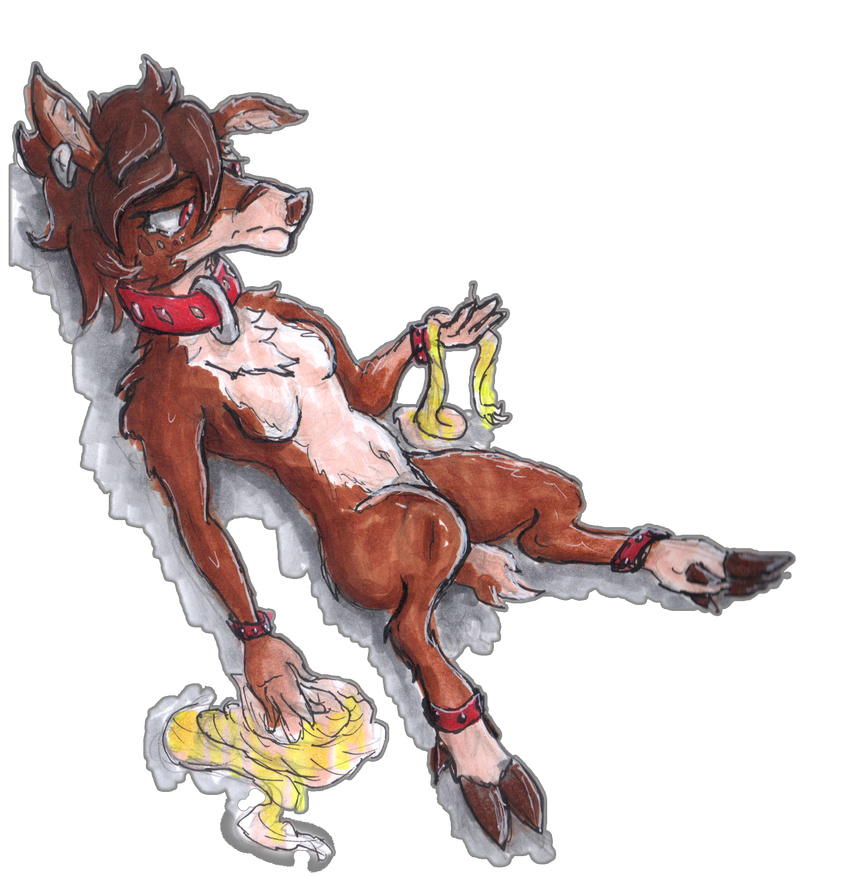 anthro breasts brown_fur brown_hair cervine collar colorfulhoovednights deer fauna female fur fur_hair hair invalid_tag lack-lovester lying mammal on_front red_eyes rope solo traditional_media_(artwork)