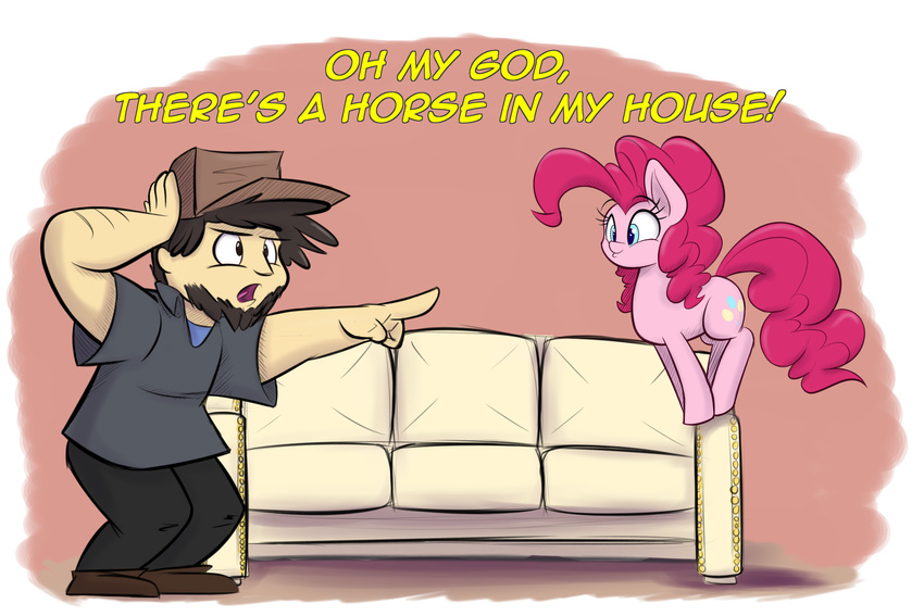 2016 blue_eyes clothed clothing cutie_mark earth_pony english_text equine female feral friendship_is_magic fur hair hat heir-of-rick horse human jontron male mammal my_little_pony pink_fur pink_hair pinkie_pie_(mlp) pointing pony smile sofa solo text