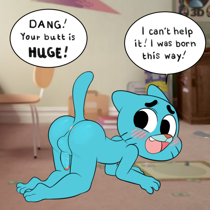 all_fours anthro anus backsack balls blush butt cartoon_network cat cub dialogue embarrassed erection feline gumball_watterson inside looking_back male mammal mewdles open_mouth penis perineum presenting solo the_amazing_world_of_gumball young