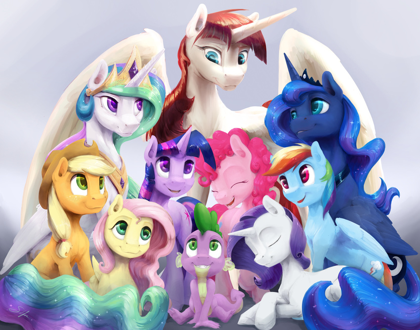 2017 applejack_(mlp) blonde_hair blue_feathers blue_hair cowboy_hat crown cutie_mark earth_pony equine feathered_wings feathers female feral fluttershy_(mlp) friendship_is_magic green_eyes grey_background group hair hat horn horse jewelry lauren_faust male mammal multicolored_hair multicolored_tail my_little_pony necklace pegasus pink_hair pinkie_pie_(mlp) pony princess_celestia_(mlp) princess_luna_(mlp) purple_eyes purple_hair rainbow_dash_(mlp) rainbow_hair rainbow_tail rarity_(mlp) silfoe simple_background smile spike_(mlp) twilight_sparkle_(mlp) two_tone_hair unicorn winged_unicorn wings