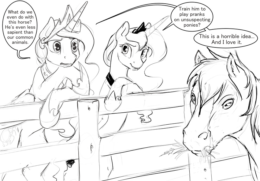 2017 black_and_white crown cutie_mark dialogue english_text equine feathered_wings feathers female fence feral friendship_is_magic fur group hair horn horse jewelry male mammal monochrome my_little_pony necklace princess_celestia_(mlp) princess_luna_(mlp) silfoe text winged_unicorn wings