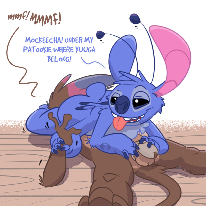 2017 4_arms alien anthro balls blue_fur brown_fur chastity_cage digital_media_(artwork) disney duo experiment_(species) facesitting fur lilo_and_stitch lying male male/male mammal mouse multi_arm multi_limb nude penis respecies rodent stitch text tongue tongue_out