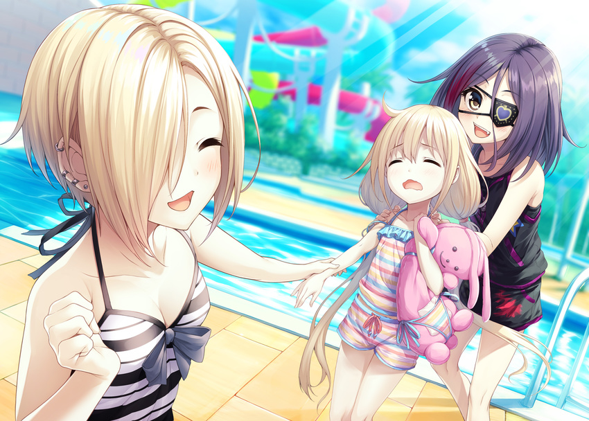 cleavage eyepatch futaba_anzu hayasaka_mirei shirasaka_koume swimsuits the_idolm@ster the_idolm@ster_cinderella_girls wasumi_(hasubatake39)