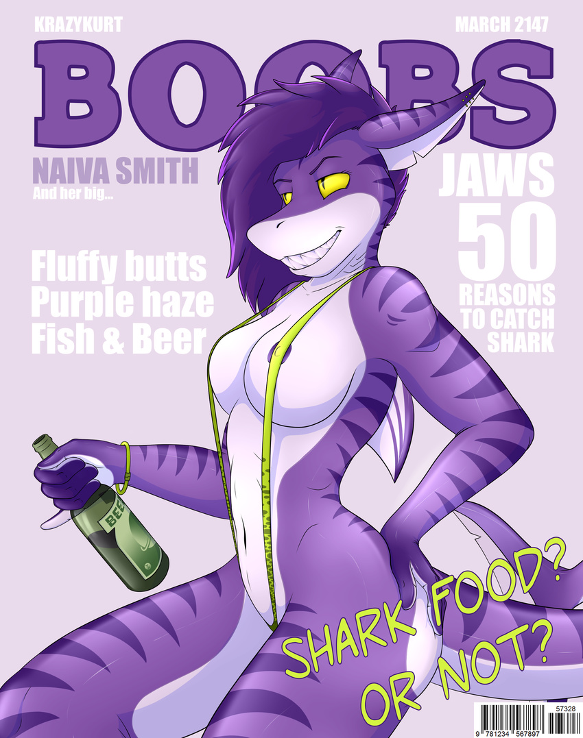 2017 absurd_res alcohol anthro beer beverage big_breasts big_butt bikini borat breasts butt clothed clothing digital_media_(artwork) english_text female fin fish hair hi_res huge_breasts invalid_color invalid_tag krazykurt magazine marine naiva naiva_smith navel nipples nude open_mouth piercieng piercing purple_hair sex shark sharkgirl shiny simple_background smile solo stripes swimsuit teeth text thick_thighs thong tight_clothing underwear wide_hips yellow_eyes