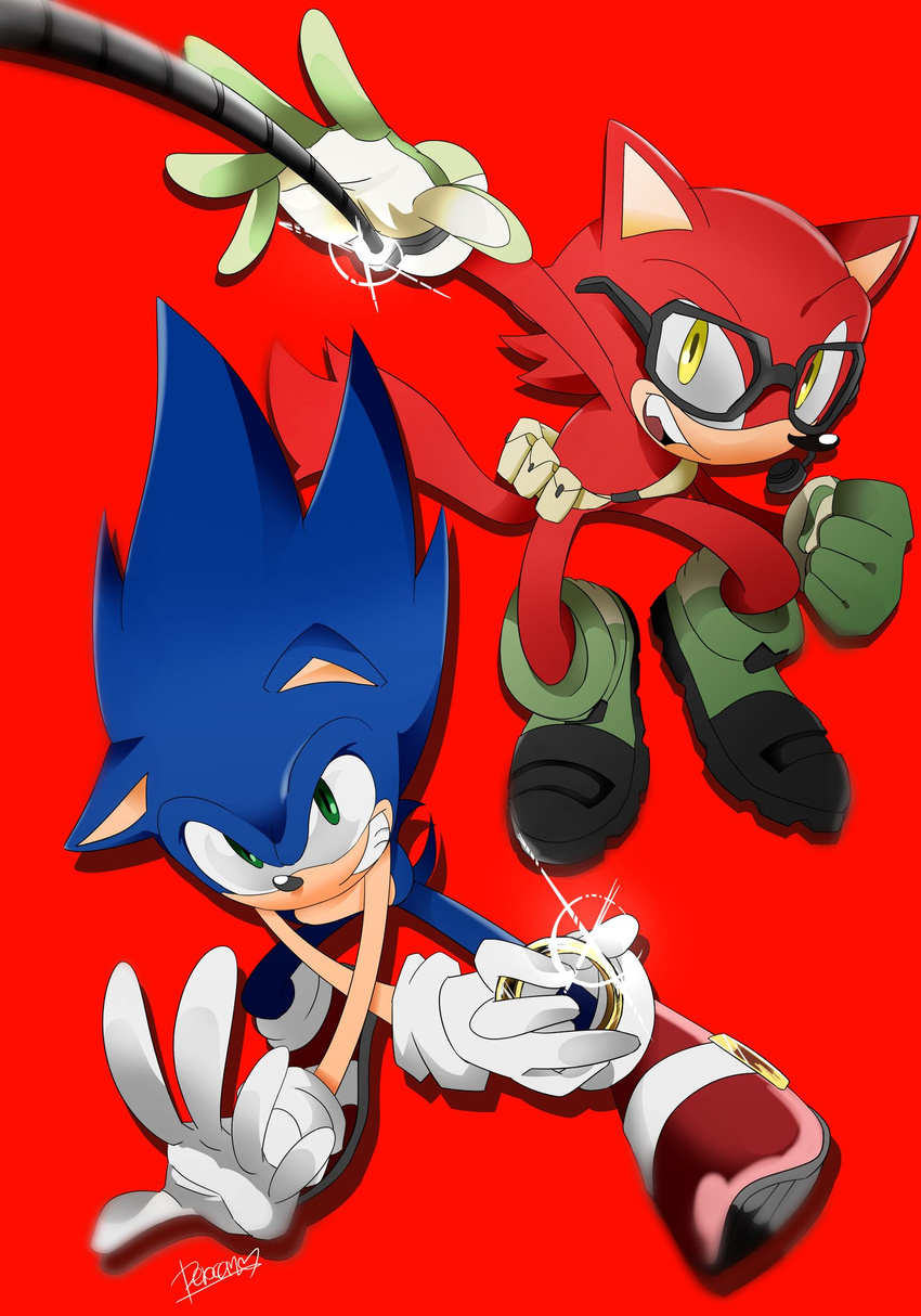 2017 anthro big_head black_nose canine clothing custom_character_(sonic_forces) eyewear fur glasses gloves hedgehog male mammal perocan0903 red_background sharp_teeth simple_background sonic_(series) sonic_forces sonic_the_hedgehog teeth toony video_games wolf