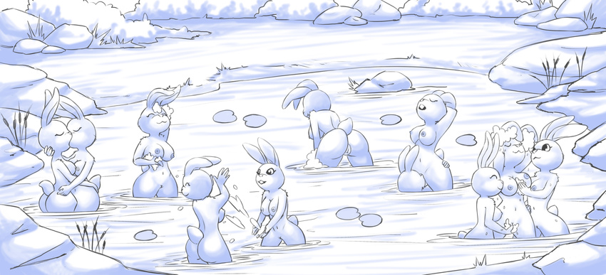 11girls anthro bathing breast_grab breasts butt cunnilingus female female/female group hand_on_breast happy hug invalid_background kissing kneeling lagomorph lake mammal nature nude oral pussy rabbit rock sex softcore_works splashing vaginal water