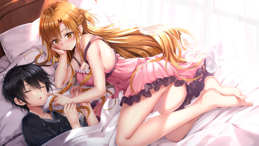 1girl ass asuna_(sao) bangs bare_legs bare_shoulders barefoot bed_sheet black_hair black_shirt blanket blush breasts brown_eyes brown_hair camisole cleavage closed_eyes closed_mouth commentary_request day half_updo highres indoors kirito large_breasts lingerie long_hair lying negligee on_bed on_side open_mouth parted_bangs parted_lips pillow shirt sidelocks sleeping smile strap_slip sunlight sword_art_online swordsouls t-shirt thighs underwear