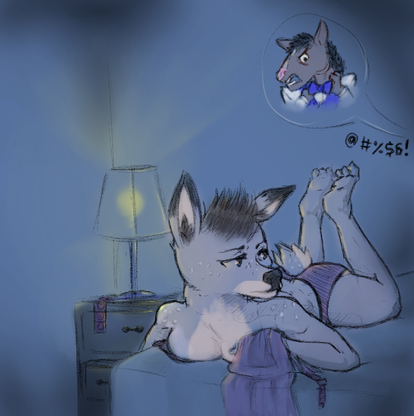 anthro bed bojack_horseman bojack_horseman_(character) bra breast_rest breasts cervine clothed clothing condom deer equine female freckles horse lamp looking_away lying male mammal mineralchicken on_front panties penny_carson topless underwear