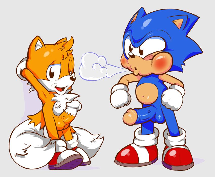 anthro balls blush breath canine chest_tuft clothing cub duo erection footwear fox fur gloves hedgehog looking_at_viewer male male/male mammal miles_prower navel neokat open_mouth penis shoes simple_background sonic_(series) sonic_the_hedgehog standing tuft young