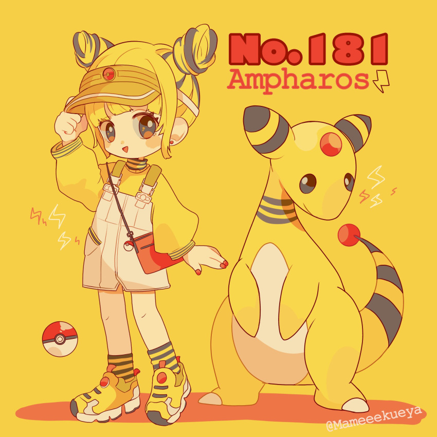 ampharos bag bangs black_eyes black_hair blonde_hair blunt_bangs character_name commentary_request double_bun earrings english full_body gen_2_pokemon highres jewelry lightning_bolt long_sleeves looking_at_viewer mameeekueya moemon multicolored_hair nail_polish open_mouth overalls personification poke_ball pokemon pokemon_(creature) pokemon_number puffy_sleeves red_earrings red_nails shirt shoes shoulder_bag simple_background smile standing streaked_hair striped striped_legwear twitter_username white_overalls yellow yellow_background yellow_footwear yellow_legwear yellow_shirt