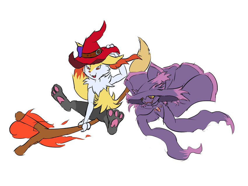 braixen broom elwysprigg female flying ghost_type halloween hat holidays magic_user mismagius nintendo pok&eacute;mon video_games witch witch_hat