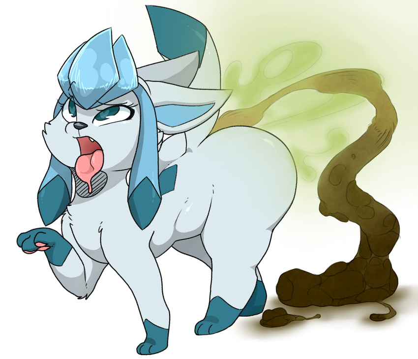 ambiguous_gender black_nose blue_eyes blue_fur digital_media_(artwork) eeveelution fart feces feral fur glaceon mammal nastysashy_(artist) nintendo open_mouth pok&eacute;mon pooping scat simple_background video_games white_background