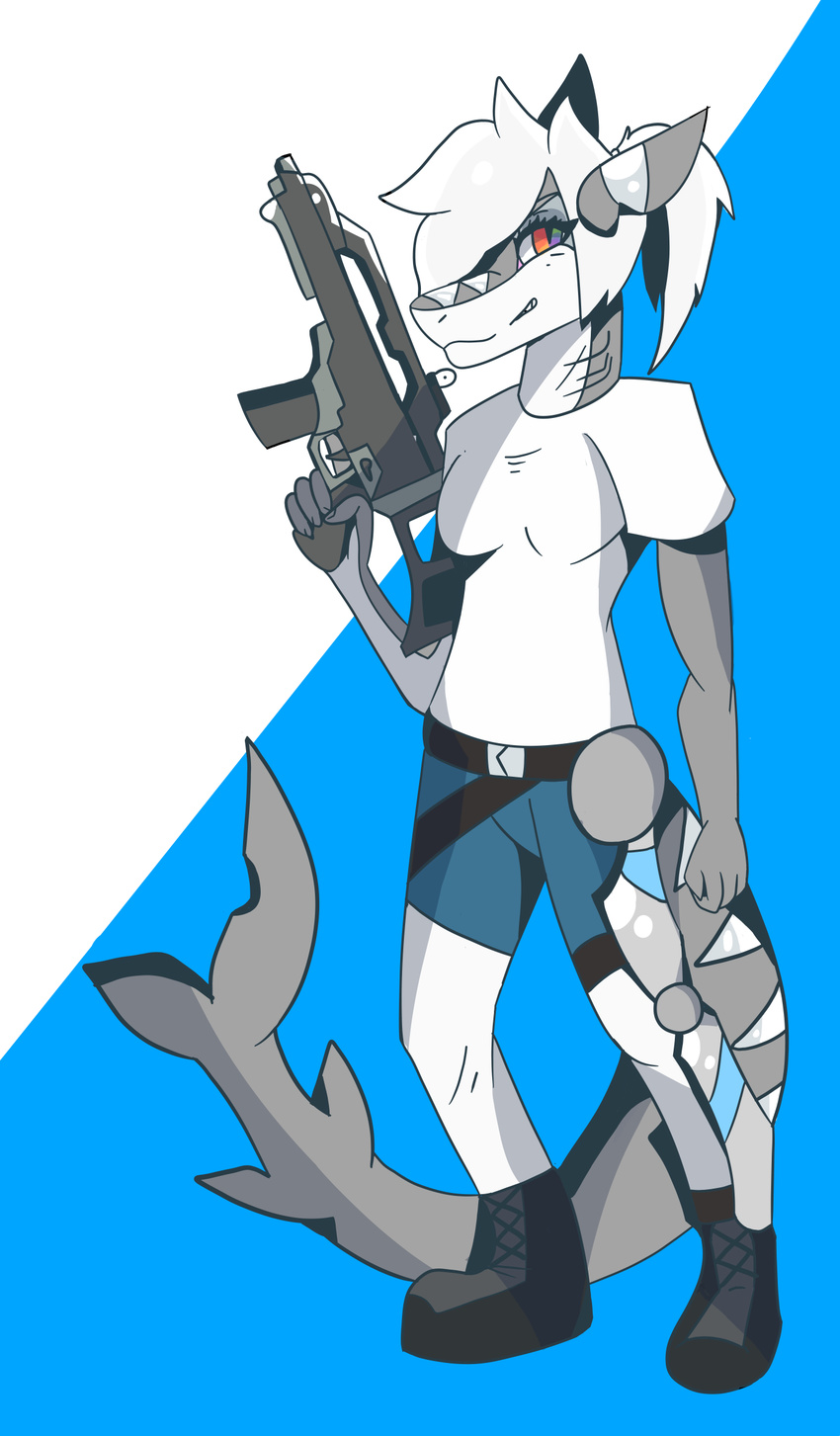 anthro bionic boots clothing colorful cybernetics female fish footwear g36 g36c gills gun hair invalid_color jenna_silver machine marine ranged_weapon shark simple_background smile solo weapon