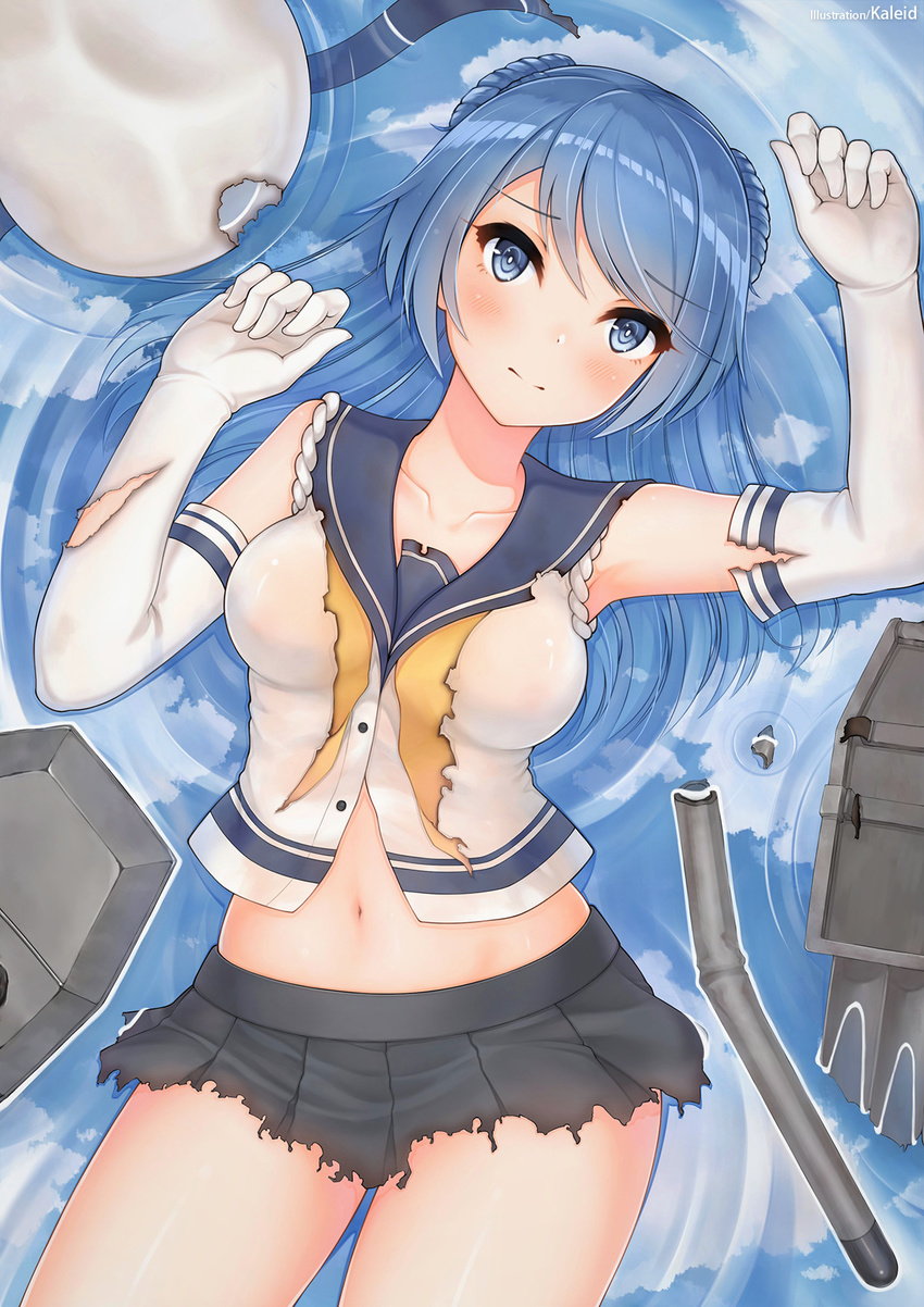 armpits battle_damage blue_eyes blue_hair blush breasts cloud day double_bun elbow_gloves expressionless floating gloves hat hat_removed headwear_removed highres kaleid kantai_collection looking_at_viewer medium_breasts navel neckerchief pleated_skirt rigging sailor_hat school_uniform serafuku skirt sleeves_rolled_up solo torn_clothes torn_skirt urakaze_(kantai_collection) water yellow_neckwear