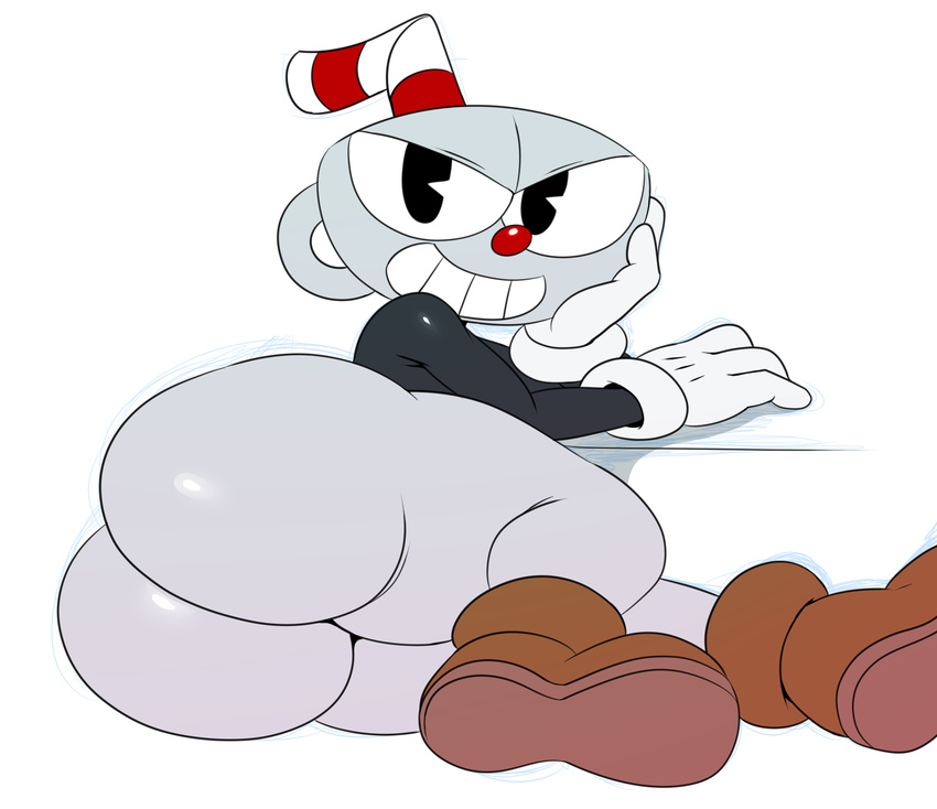 2017 animate_inanimate big_butt bottomless butt clothed clothing cuphead_(character) cuphead_(game) footwear gloves hi_res looking_at_viewer male object_head shoes simple_background smile solo sssonic2 white_background