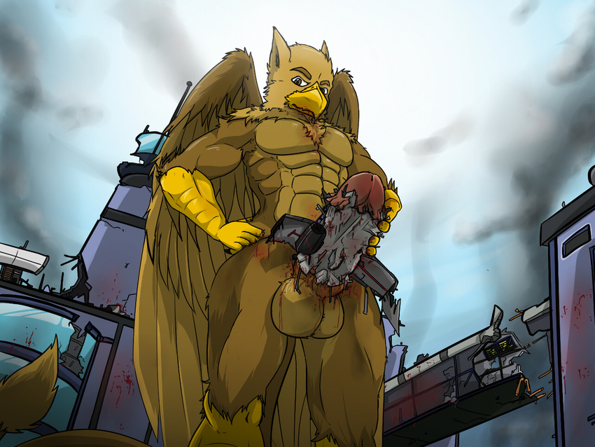 aircraft airplane arrwulf avian blood brown_feathers brown_fur destruction erection feathers fur gore gryphon macro penis