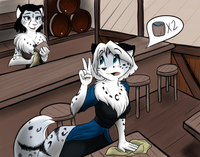 2016 adira_(twokinds) age_difference aged_up anthro bar barrel blue_eyes chair chest_tuft clothed clothing daughter duo feline female fur infinitedge2u keidran leopard maeve_(twokinds) mammal mother mother_and_daughter open_mouth parent pink_nose rag smile snow_leopard spots spotted_fur stool sweeping table tuft twokinds webcomic white_fur