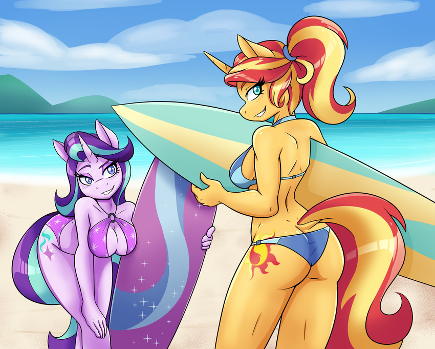 2017 ambris anthro anthrofied beach blue_eyes breasts butt cleavage clothed clothing cutie_mark duo equestria_girls equine eyelashes female friendship_is_magic hair horn long_hair looking_at_viewer mammal multicolored_hair multicolored_tail my_little_pony outside ponytail seaside side_boob smile starlight_glimmer_(mlp) sunset_shimmer_(eg) surfboard two_tone_hair unicorn