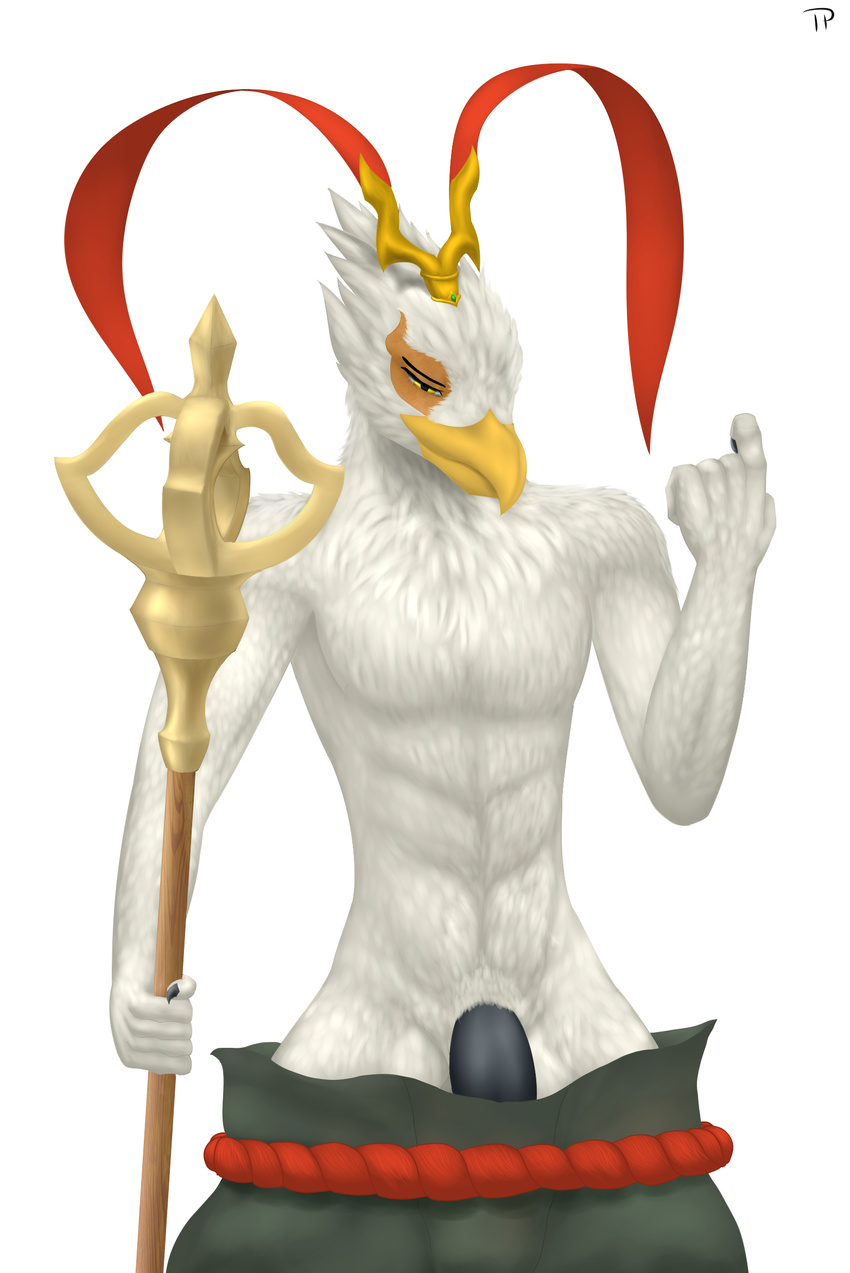 avian azir_(lol) beak beckoning claws clothed clothing feathers flaccid half-closed_eyes headwear league_of_legends looking_at_viewer male pants_down partially_clothed penis riot_games simple_background solo staff standing testowepiwko topless video_games white_background white_feathers yellow_eyes