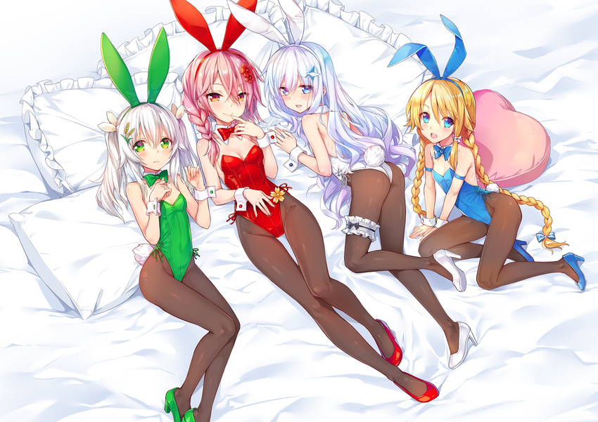 animal_ears armband black_legwear blonde_hair blue_bow blue_eyes blue_footwear blue_leotard blue_neckwear bow bowtie braid bunny_ears bunny_tail bunnysuit covered_navel detached_collar dong-jin_rice-hime flower frilled_pillow frills green_bow green_eyes green_footwear green_leotard green_neckwear hair_flower hair_ornament hair_over_shoulder hand_on_own_stomach heart heart_pillow high_heels highres hika_(cross-angel) kuuki_shoujo leg_garter leotard long_hair looking_at_viewer lying magi_in_wanchin_basilica multiple_girls original pantyhose pillow pink_hair red_bow red_eyes red_footwear red_leotard red_neckwear sergestid_shrimp_in_tungkang shoes silver_hair single_braid strapless strapless_leotard suiji tail the_personification_of_atmosphere thigh_strap twin_braids twintails white_footwear white_leotard wrist_cuffs xiao_ma xuan_ying
