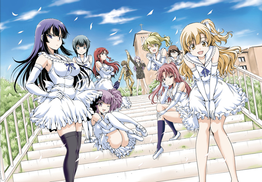 6+girls :d ;d absurdres arm_up ass bag black_skirt blonde_hair blue_eyes blue_hair blue_legwear blue_ribbon blue_sky brown_eyes brown_hair character_request chiaki_tarou chin_rest closed_eyes cloud collarbone crossed_arms day dress elbow_gloves eyebrows_visible_through_hair frilled_dress frills glass gloves green_hair hair_ribbon hand_on_hip hand_on_own_knee high_ponytail highres jacket kneehighs leaning_forward leg_hug long_hair looking_at_viewer miniskirt multiple_girls neck_ribbon one_eye_closed open_mouth outdoors pants pencil_skirt petals ribbon school_bag short_dress short_hair_with_long_locks side_ponytail sitting skirt sky sleeveless sleeveless_dress smile stairs standing sweatdrop thighhighs white_dress white_footwear white_gloves white_ribbon yellow_eyes yellow_jacket yellow_pants yomekura