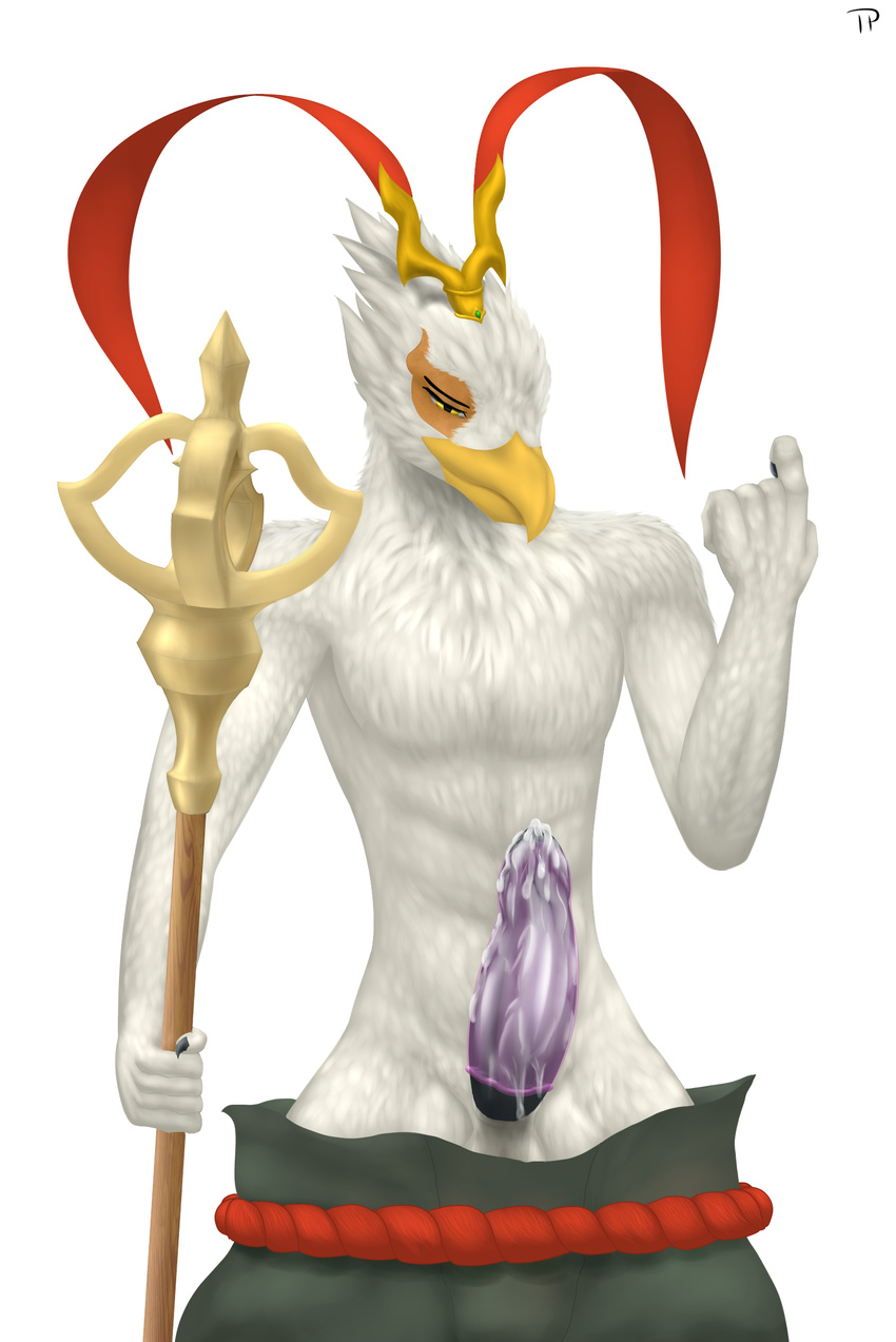 avian azir_(lol) beak beckoning broken_condom claws clothed clothing condom cum cum_on_penis erection feathers half-closed_eyes headwear league_of_legends looking_at_viewer male pants_down partially_clothed penis riot_games simple_background solo staff standing testowepiwko topless video_games white_background white_feathers yellow_eyes