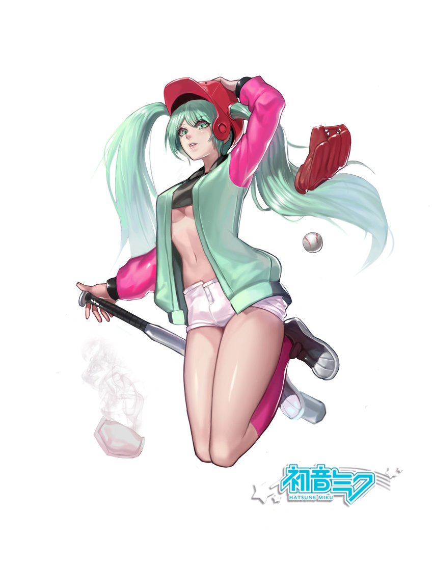 absurdres baseball baseball_bat baseball_mitt blue_eyes blue_hair breasts cleavage eyebrows_visible_through_hair full_body hatsune_miku highres kneehighs large_breasts long_hair looking_at_viewer navel parted_lips pink_legwear solo twintails underboob uronte vocaloid