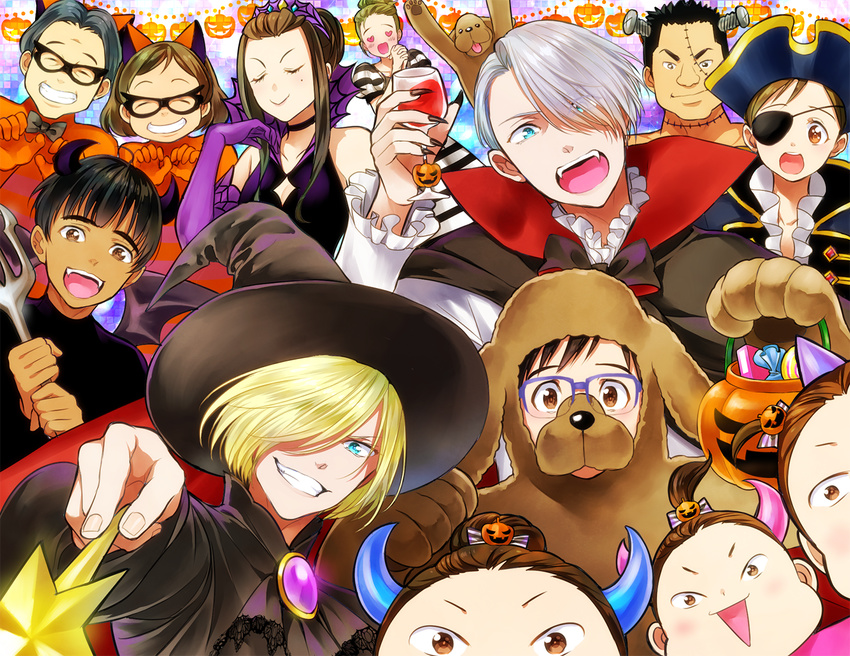 6+girls ^_^ alcohol animal_costume black_hair blonde_hair blue-framed_eyewear blue_eyes bolt bow bowtie brown_eyes brown_hair candy cape closed_eyes cup demon_horns demon_wings dog dog_costume drinking_glass elbow_gloves eyepatch fake_horns fangs fingernails food glasses gloves grin hair_bun hair_ornament hair_over_one_eye halloween hands_clasped hat heart heart_eyes horns jack-o'-lantern jack-o'-lantern_hair_ornament katsuki_hiroko katsuki_mari katsuki_toshiya katsuki_yuuri kisaragi_mizu makkachin mole mole_under_eye multiple_boys multiple_girls nishigoori_axel nishigoori_loop nishigoori_lutz nishigoori_takeshi nishigoori_yuuko okukawa_minako open_mouth own_hands_together phichit_chulanont pirate_hat ponytail purple_gloves sharp_fingernails silver_hair smile viktor_nikiforov wand wine wine_glass wings witch_hat yuri!!!_on_ice yuri_plisetsky