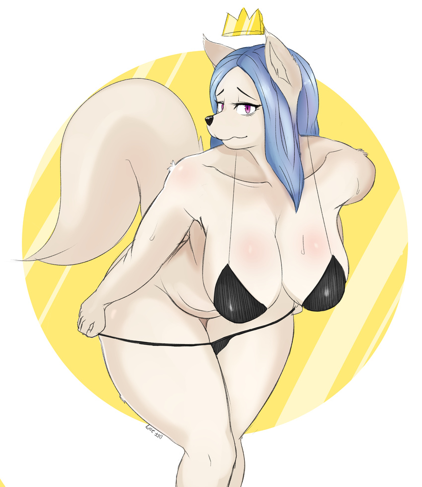 2017 absurd_res anthro bedroom_eyes belly bent_over big_breasts big_thighs bikini biped black_bottomwear black_clothing black_nose black_topwear blue_hair breasts canine cleavage clothed clothing collarbone crown digital_drawing_(artwork) digital_media_(artwork) dufffluffyfox eyelashes female fluffy fluffy_tail fox front_view fur hair half-closed_eyes hanging_breasts hi_res huge_breasts humanoid_hands inner_ear_fluff legs_together long_hair looking_at_viewer mammal portrait purple_eyes seductive shoulder_tuft simple_background slightly_chubby smile standing string_bikini swimsuit three-quarter_portrait undressing voluptuous white_background white_fur white_tail wide_hips yellow_background