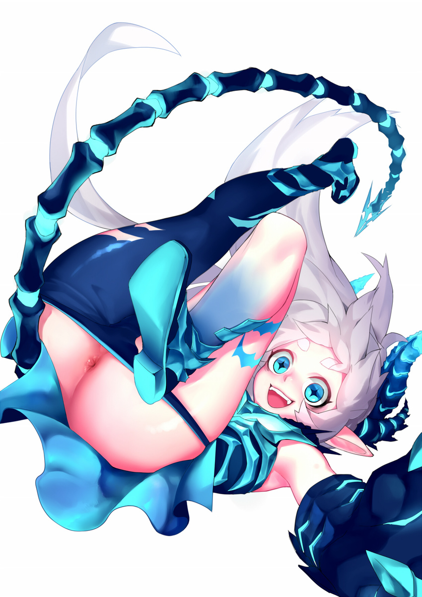 1girl 3eye :d anus ass asymmetrical_clothes blue_eyes diabla_(elsword) elsword highres horns long_hair looking_at_viewer luciela_r._sourcream open_mouth pants_pull pointy_ears short_eyebrows single_pantsleg smile symbol-shaped_pupils tail upside-down white_background white_hair