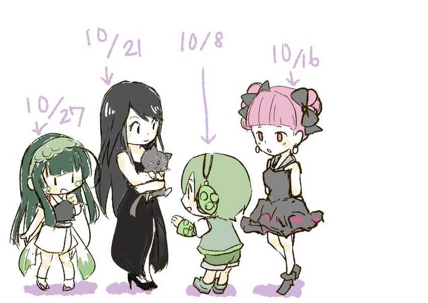 3girls birthday black_hair cat chika_(vocaloid) double_bun dress green_hair green_hairband hairband jam_kl japanese_clothes mew_(vocaloid) multiple_girls pink_hair ryuuto_(vocaloid) savami simple_background sketch touhoku_zunko vocaloid voiceroid white_background