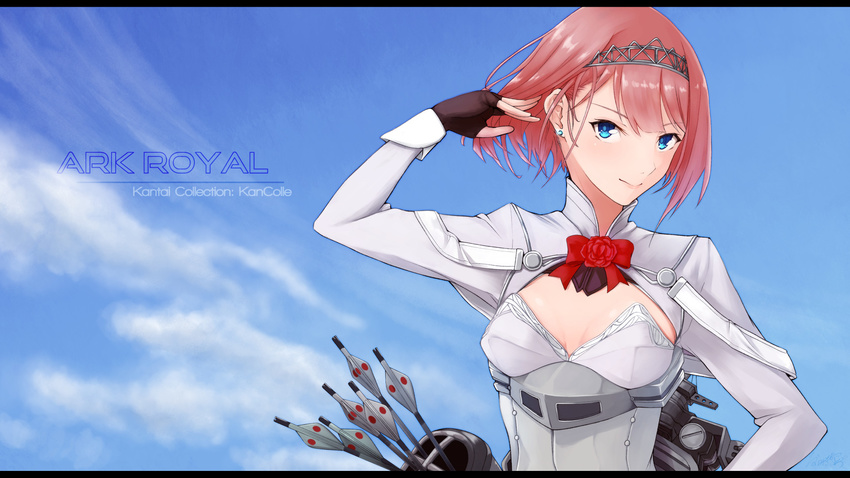 ark_royal_(kantai_collection) blue_eyes blue_sky bob_cut breasts brown_gloves character_name cleavage_cutout closed_mouth cloud cloudy_sky commentary_request day earrings fingerless_gloves gloves hair_flip hairband highres jewelry kantai_collection long_sleeves looking_at_viewer namiki_kojiro quiver red_hair red_ribbon ribbon rigging short_hair shorts sky small_breasts smile solo stud_earrings tiara