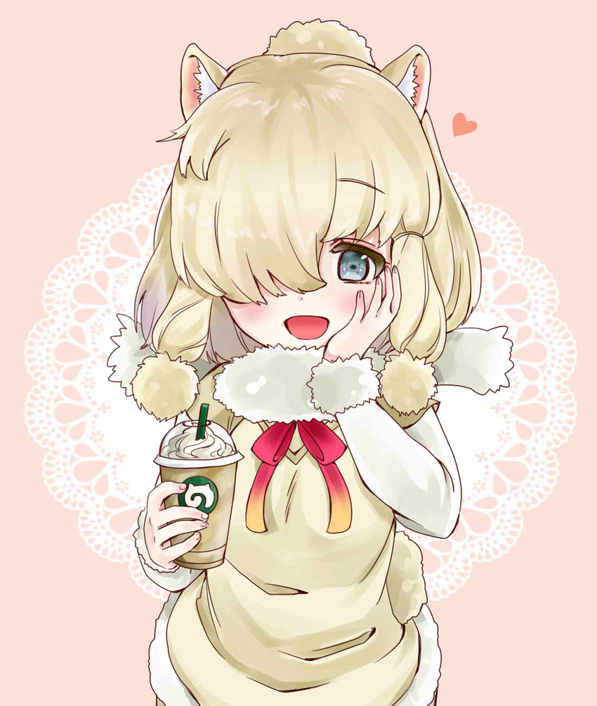 :d alpaca_ears alpaca_suri_(kemono_friends) alpaca_tail animal_ears blonde_hair blush bow bowtie coffee_cup commentary_request cream cup disposable_cup drinking_straw eyebrows_visible_through_hair fur-trimmed_sleeves fur_collar fur_trim hair_bun hair_over_one_eye hand_on_own_cheek heart hekicho highres holding holding_cup japari_symbol kemono_friends lace_background long_sleeves looking_at_viewer open_mouth pink_background red_bow red_neckwear short_over_long_sleeves short_sleeves smile solo tail vest