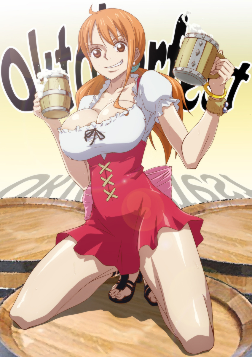 alcohol alternate_costume bare_arms bare_legs beer beer_mug blue_eyes bow breasts brown_eyes cleavage collarbone commentary_request cup dirndl dress earrings frilled_sleeves frills full_body german german_clothes grin hands_up highres holding holding_cup jewelry kneeling kyabakurabakufu large_breasts log_pose long_hair looking_at_viewer nami_(one_piece) oktoberfest one_piece orange_hair parted_lips puffy_short_sleeves puffy_sleeves sandals short_dress short_sleeves smile smirk solo sweat toes twintails waitress