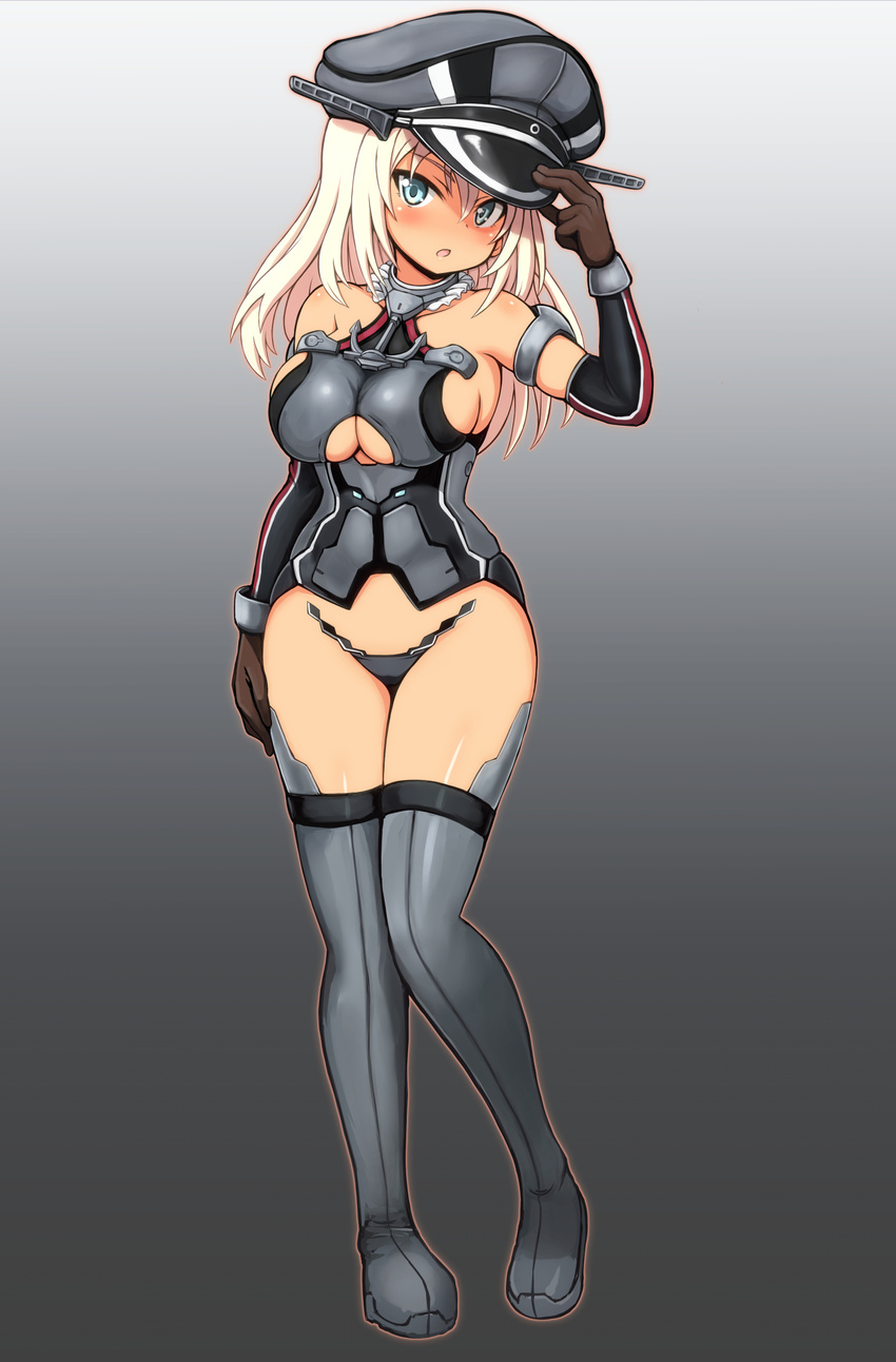 :o adjusting_clothes adjusting_hat anchor arm_at_side arm_up armlet banitei bismarck_(kantai_collection) black_footwear blonde_hair blue_eyes blush boots breasts brown_gloves collar collarbone detached_sleeves eyebrows_visible_through_hair frame_arms_girl full_body gloves gradient gradient_background grey_background hair_between_eyes hand_on_headwear hat head_tilt highres kantai_collection long_sleeves looking_at_viewer medium_breasts open_mouth peaked_cap sideboob solo standing tan thigh_boots thighhighs underboob underboob_cutout