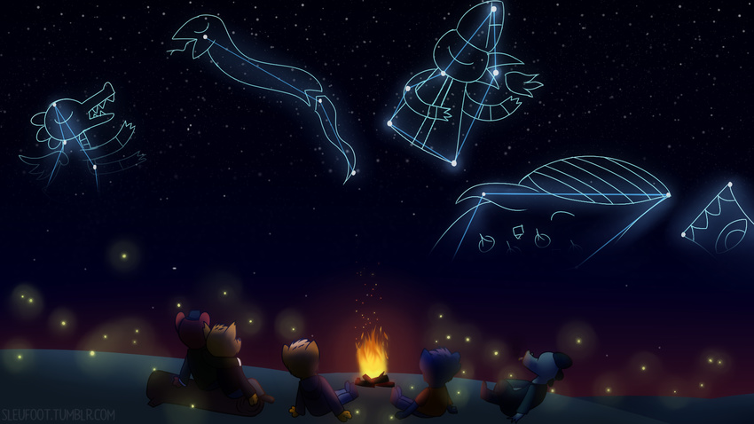 2017 alligator angel angus_(nitw) anthro avian bea_(nitw) bell bird bonfire campfire canine casey_(nitw) cat cetacean clothing constellations couple_(disambiguation) crocodilian feline fire firefly fox gregg_(nitw) group hat heartwarming jacket log longest_night looking_up mae_(nitw) mammal marine night night_in_the_woods night_sky plains pope_hat reptile scalie shirt sitting sky sleufoot snake t-shirt tree whale wings wood