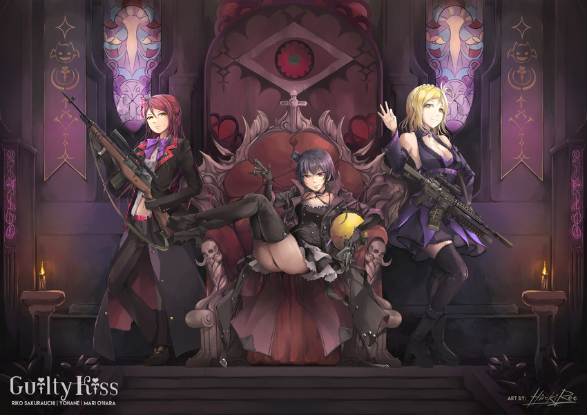 absurdres ar-15 ass assault_rifle battle_rifle belt black_footwear black_gloves black_legwear blonde_hair blue_hair boots braid breasts candle cleavage closed_mouth crown_braid dagger gloves grenade_launcher group_name guilty_kiss_(love_live!) gun handgun highres hiroki_ree holding holding_weapon large_breasts long_hair long_sleeves looking_at_viewer love_live! love_live!_sunshine!! m14 m203 m4_carbine medium_breasts multiple_girls ohara_mari ok_sign pants pistol red_eyes red_hair rifle sakurauchi_riko sitting smile sniper_rifle stained_glass standing thighhighs throne trigger_discipline tsushima_yoshiko underbarrel_grenade_launcher weapon yellow_eyes zettai_ryouiki