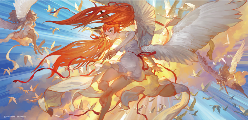 angel_wings animal_ears animal_head artist_name ass bird cat_ears cloud commentary_request detached_sleeves feet hair_ribbon highres light light_rays long_hair looking_back multiple_girls orange_hair original red_hair ribbon robe sky soles sunlight takayama_toshiaki twintails wings yellow_eyes