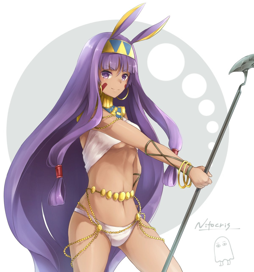 &gt;:) animal_ears bangs bikini blunt_bangs bracelet breasts character_name contrapposto cowboy_shot dark_skin detached_collar earrings egyptian_clothes eyebrows_visible_through_hair facepaint fate/grand_order fate_(series) hairband highres holding holding_staff hoop_earrings jewelry kouki_(kouki_0033) long_hair looking_at_viewer medium_breasts medjed navel nitocris_(fate/grand_order) outstretched_arm purple_eyes purple_hair smile solo staff standing swimsuit two-tone_background underboob v-shaped_eyebrows very_long_hair white_bikini