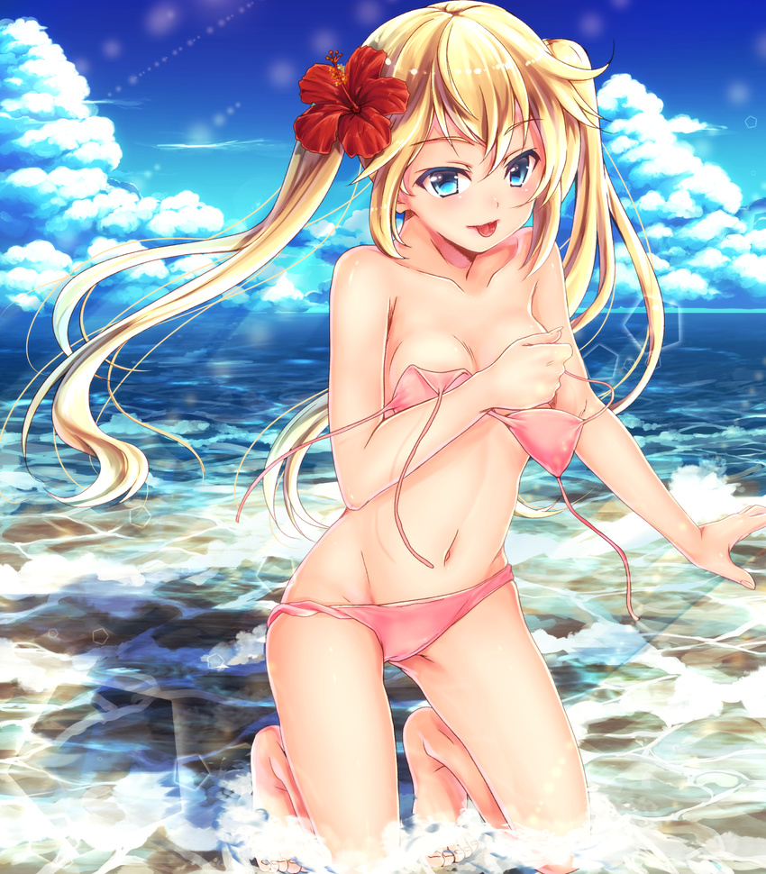 bad_id bad_pixiv_id bangs banned_artist bare_legs barefoot beach bikini bikini_pull blue_bikini blue_sky blush breasts cloud cloudy_sky collarbone covering covering_chest day eyebrows_visible_through_hair floating_hair hand_up highres kneeling kyara36 lens_flare long_hair looking_at_viewer navel ocean original outdoors pink_bikini sidelocks sky small_breasts smile solo swimsuit thighs tongue tongue_out twintails untied untied_bikini wind