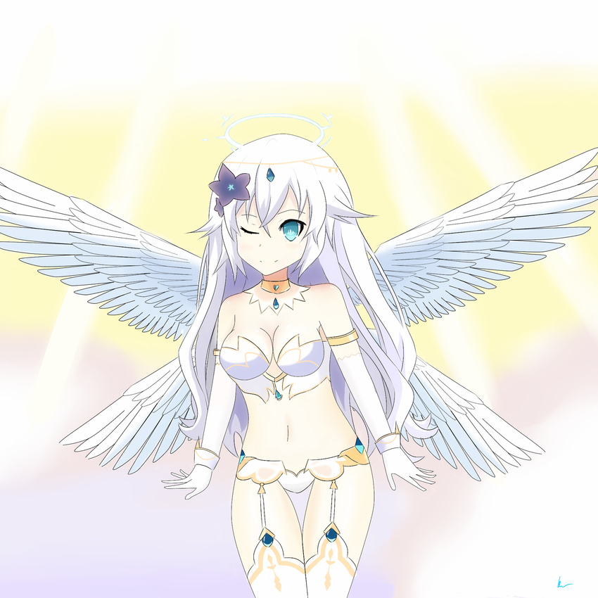 1girl angel_wings aqua_eyes bare_shoulders black_heart breasts choujigen_game_neptune cleavage collar elbow_gloves flower four_goddesses_online:_cyber_dimension_neptune gloves hair_flower hair_ornament halo jewelry long_hair medium_breasts midriff navel neptune_(series) noire one_eye_closed power_symbol smile solo stomach white_hair wings
